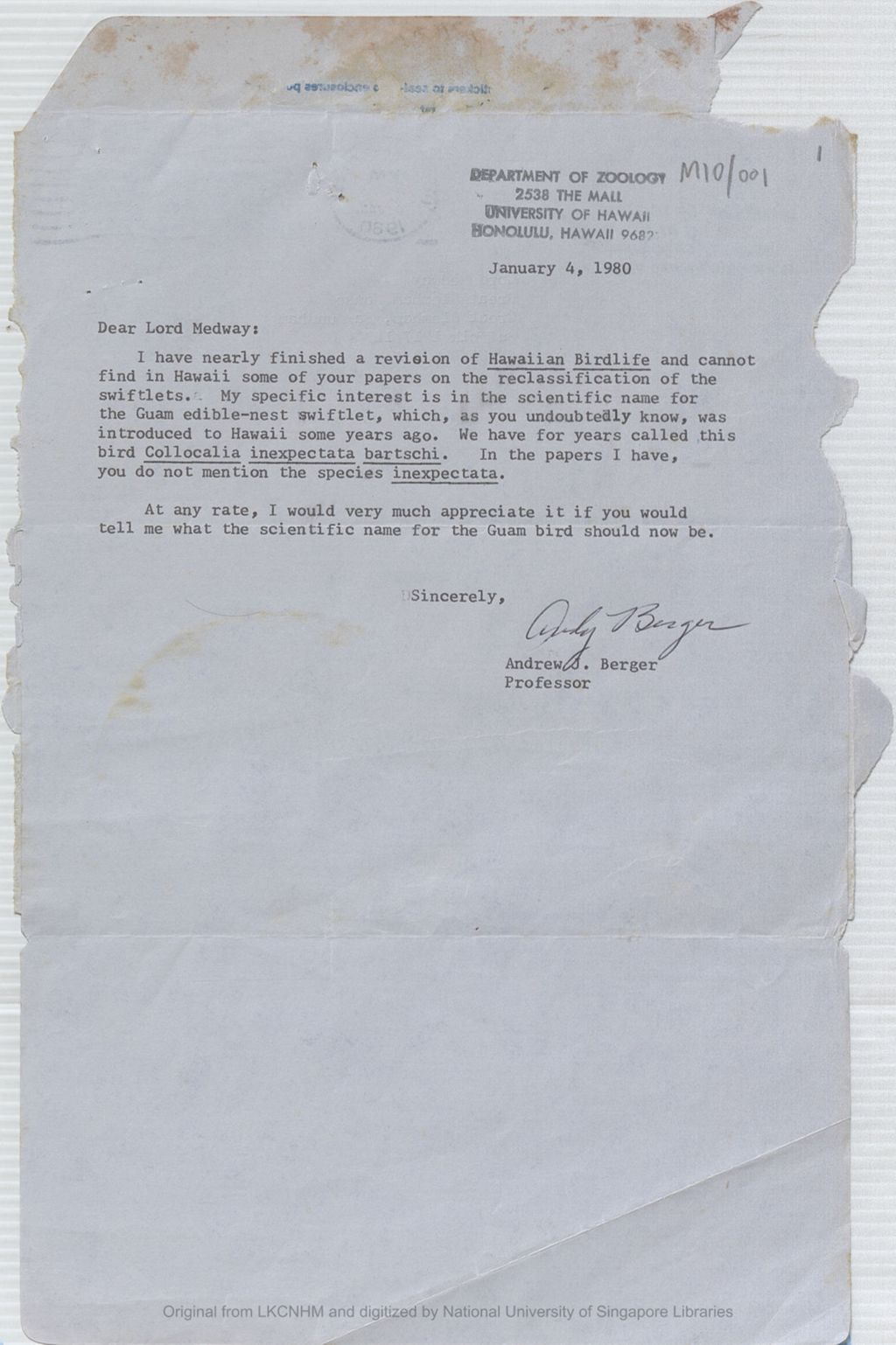 Miniature of Letter from Prof Andrew J. Berger to the 5th Earl of Cranbrook informing him that he had nearly finished a revision of "Hawaiian Birdlife". He also asked for advice on the scientific name for the Guam swiftlet