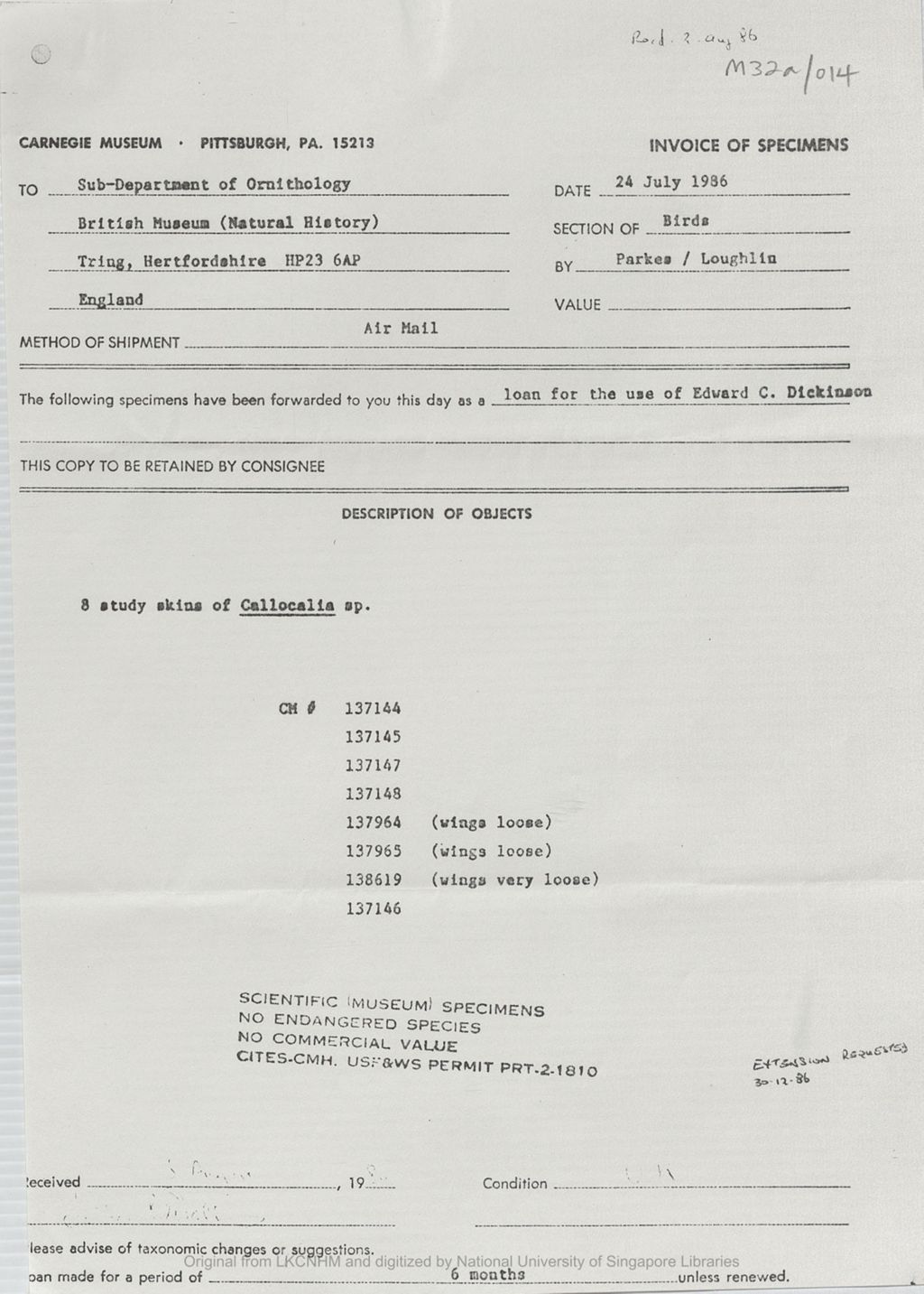 Miniature of Invoice of 8 specimens of Collocalia skins sent to Edward C. Dickinson, c/o Graham Cowles, Collection Manager, British Museum (Natural History), Sub-Dept. of Ornithology