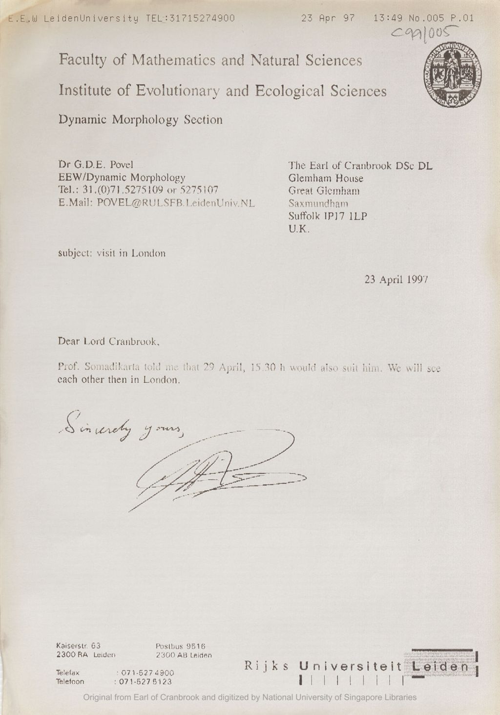 Miniature of Fax from Dr Povel to the the 5th Earl of Cranbrook concerning meeting with Prof Somadikarta in London on 1997/04/29