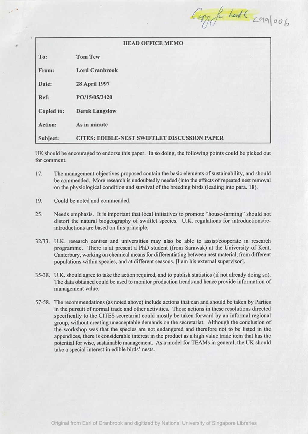 Miniature of Memo from Tom Tew to the the 5th Earl of Cranbrook concerning CITES: edible-nest swiftlet discussion paper