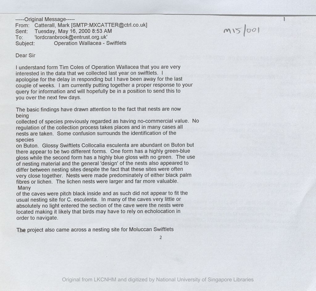 Miniature of Email from Mark Carterall to the 5th Earl of Cranbrook on data his team collected the previous year on swiftlets. He mentioned Collocalia esculenta in Buton and Aerodramus infuscatus in Kabaena island