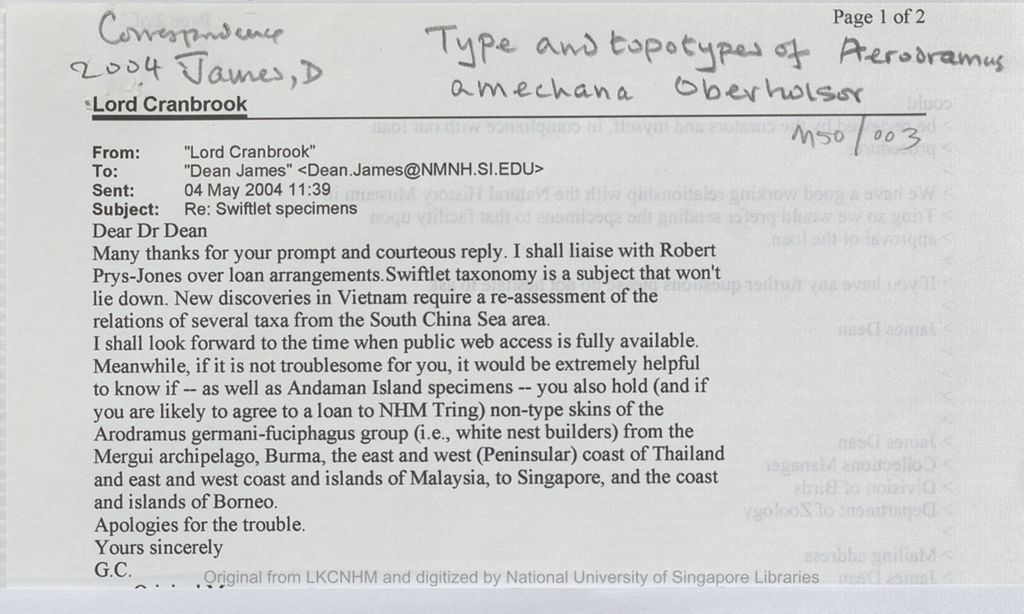 Miniature of Email from the 5th Earl of Cranbrook to James P. Dean, Collections Manager, Division of Birds, National Museum of Natural History, Smithsonian Institution inquring about skins of the Aerodramus germani-fuciphagus group from various Asian countries