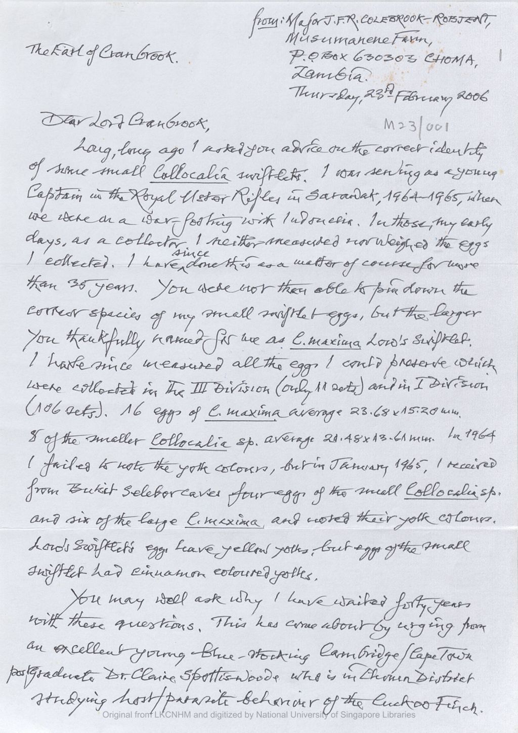 Miniature of Letter from Major John F. R. Colebrook-Robjent to the 5th Earl of Cranbrook on sizes and yolk colour of swiftlet eggs