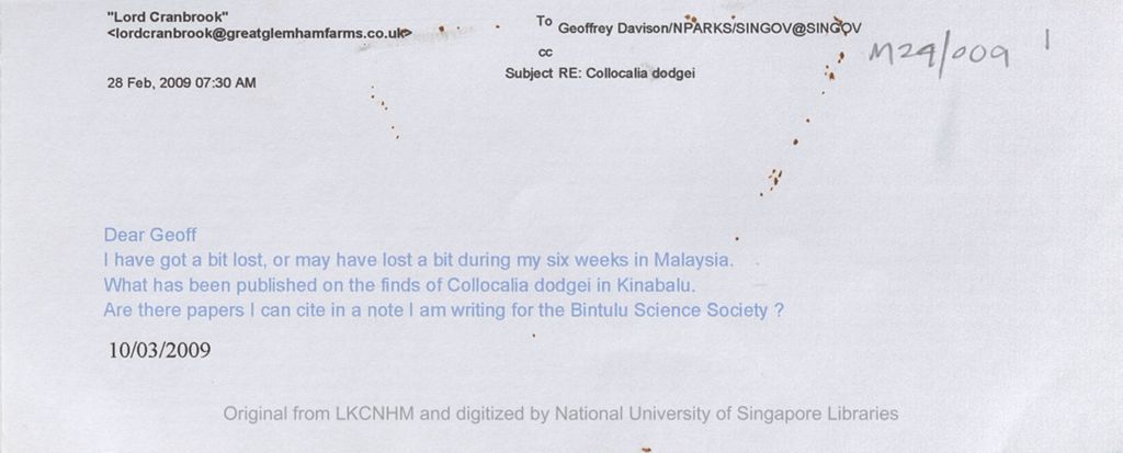 Miniature of Email from the 5th Earl of Cranbrook to Dr Geoffrey Davison asking him if any papers had been published on the finds of Collocalia dodgei in Kinabalu