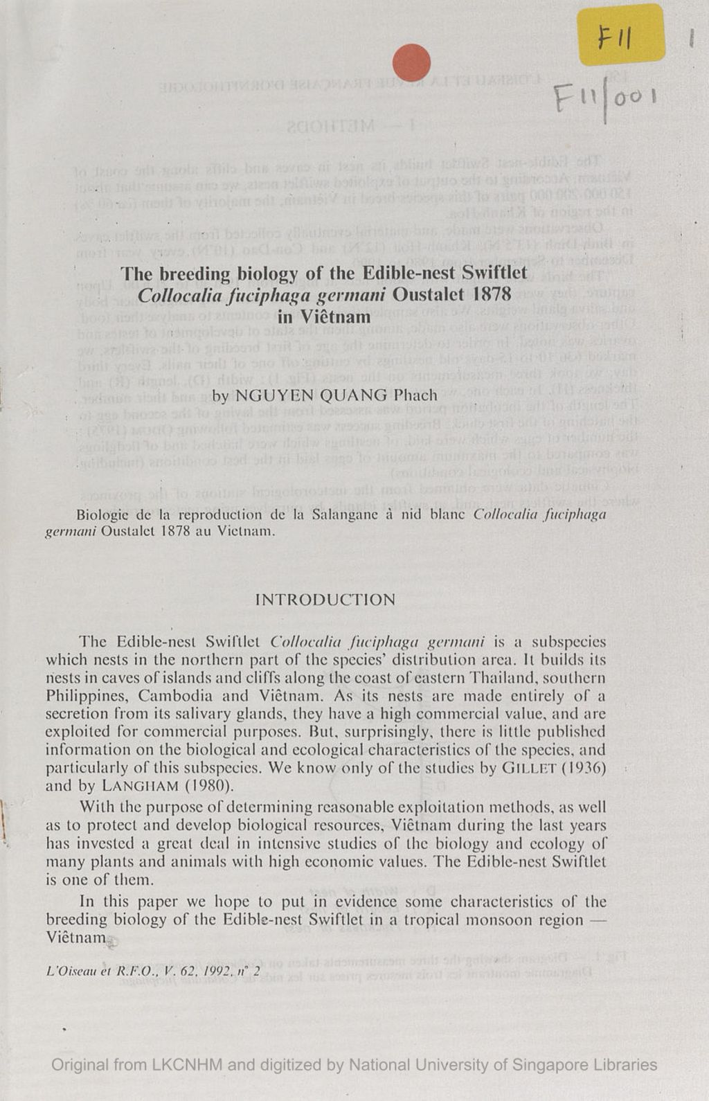 Miniature of The breeding biology of the edible-nest swiftlet Collocalia fuciphaga germani Oustalet 1878 in Viêtnam