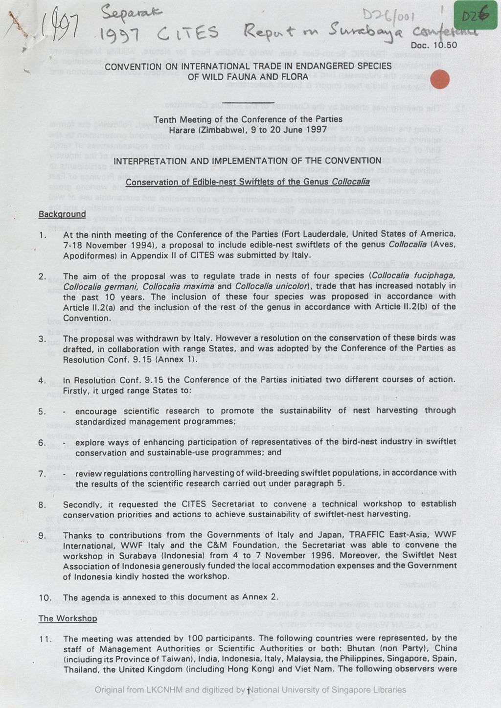 Miniature of Conservation of edible-nest swiftlets of the genus Collocalia : interpretation and implementation of the Convention on International Trade in Endangered Species of Wild Fauna and Flora: Zimbabwe, 9 to 20 June 1997