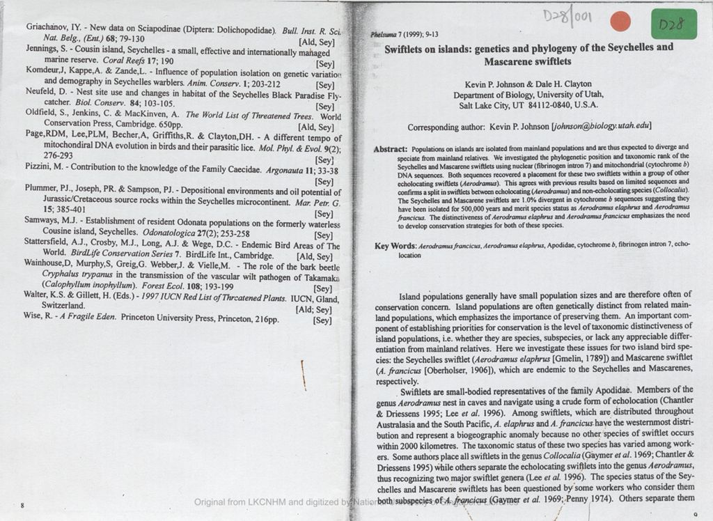 Miniature of Swiftlets on islands : genetics and phylogeny of the Seychelles and Mascarene swiftlets