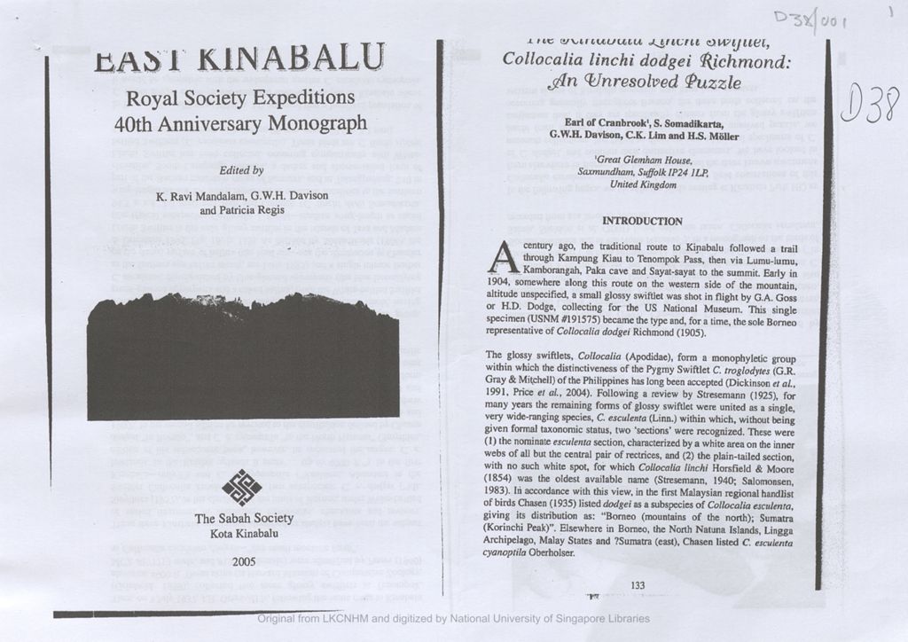 Miniature of The Kinabalu linchi swiftlet, Collocalia linchi dodgeii Richmond : an unresolved puzzle