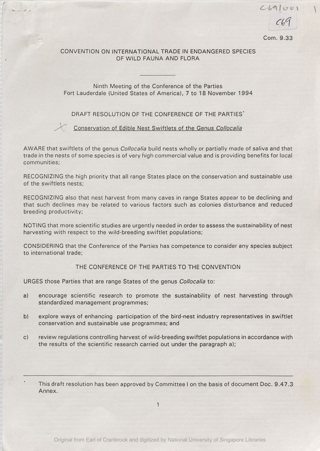 Miniature of Conservation of edible nest swiftlets of the genus Collocalia: draft resolution for the 9th Meeting of the Conference of the Parties to the Convention on International Trade in Endangered Species (CITES). Fort Lauderdale, 7-18 November 1994