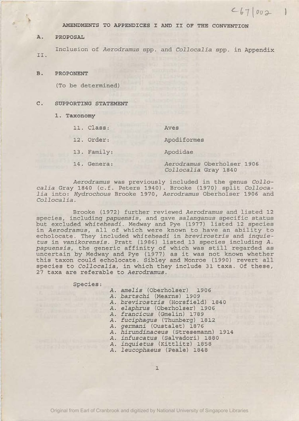 Miniature of CITES [Convention on International Trade in Endangered Species] proposal on inclusion of the swiftlet Aerodramus spp. and Collocalia spp. on Appendix II