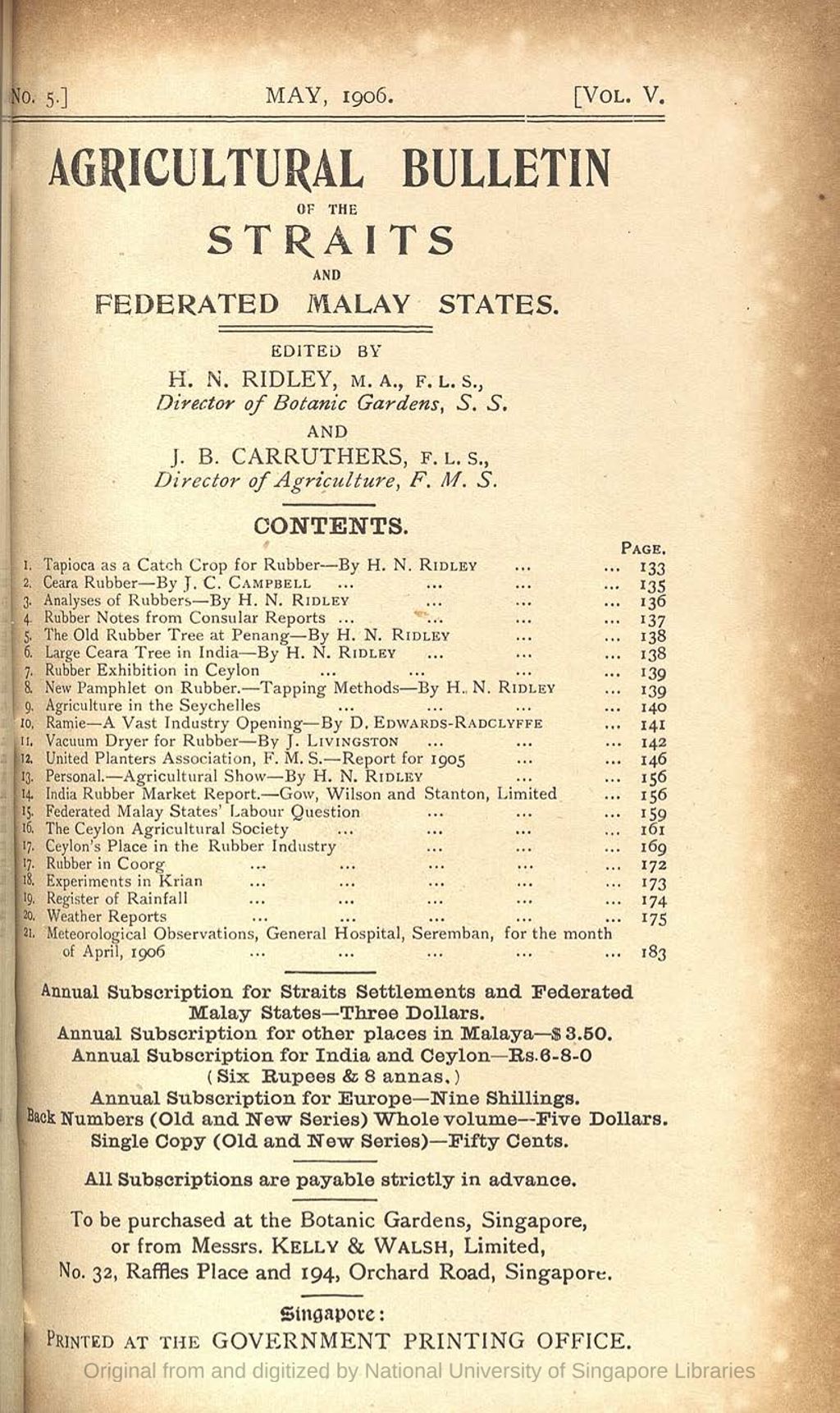 Miniature of Meteorological observations. Table showing the daily results of the reading of meteorological observations taken at the General Hospital, Seremban, for the month of April, 1906