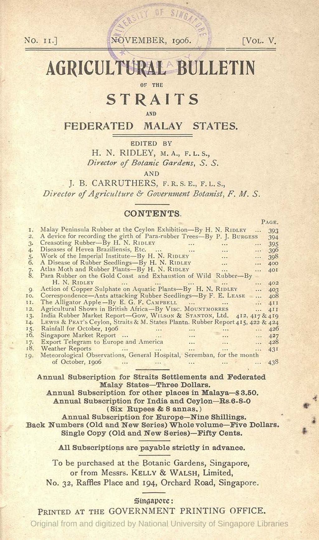 Miniature of Meteorological observations. Table showing the daily results of the reading of meteorological observations taken at the General Hospital, Seremban, for the month of October, 1906