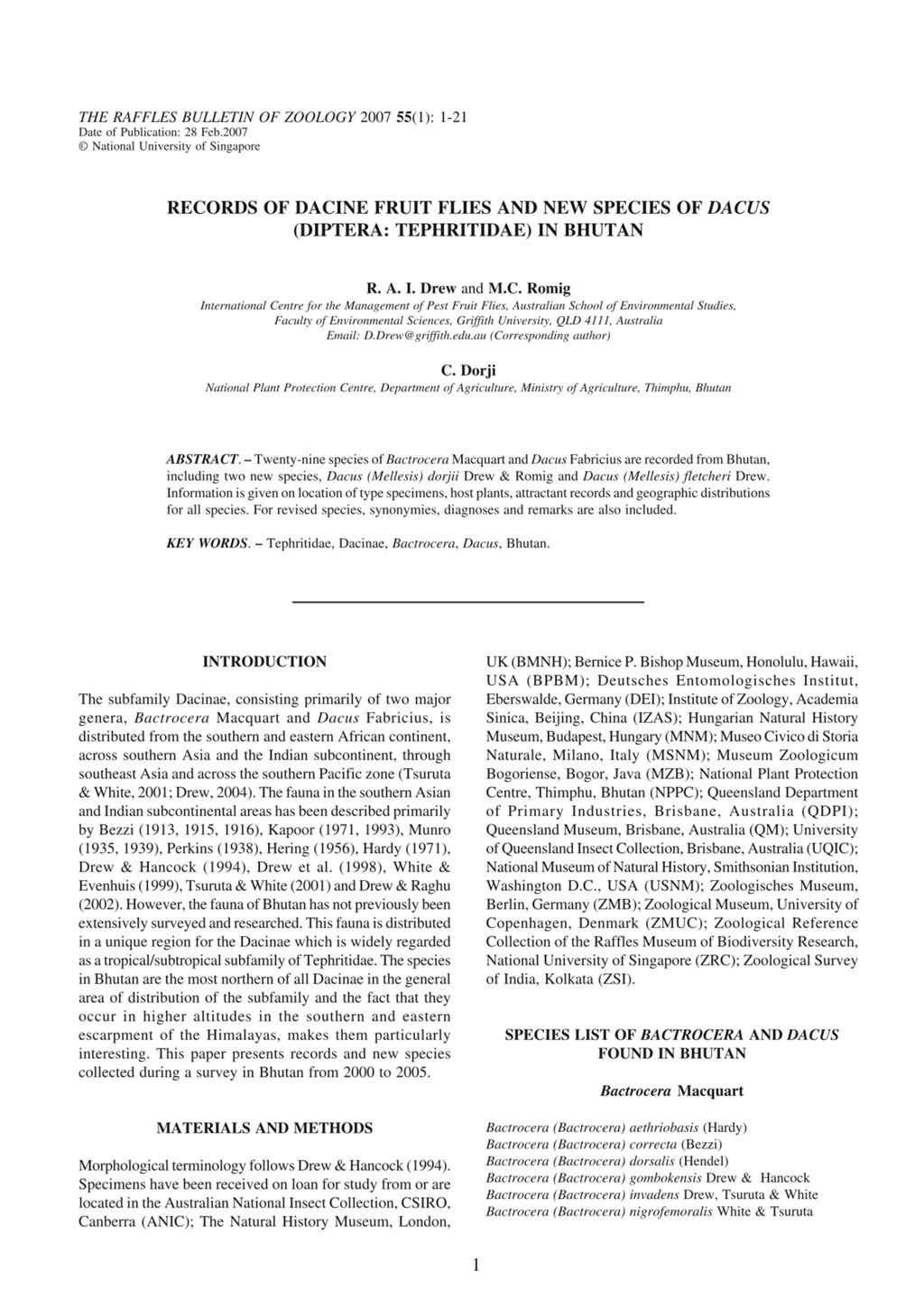 Miniature of Records of Dacine Fruit Flies and New Species of Dacus (Diptera: Tephritidae) In Bhutan