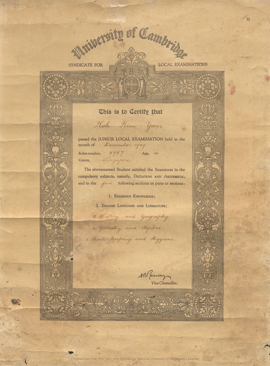 Miniature of Junior Local Examination issued by the University of Cambridge, Syndicate for Local Examinations, to Koh Kim Yam