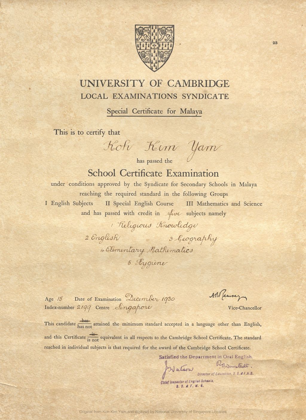 Miniature of School Certificate Examination (Special Certificate for Malaya) issued by the University of Cambridge, Local Examinations Syndicate, to Koh Kim Yam