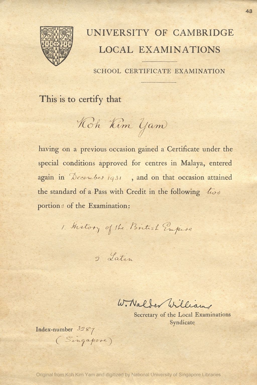 Miniature of School Certificate Examination issued by the University of Cambridge, Local Examinations, to Koh Kim Yam