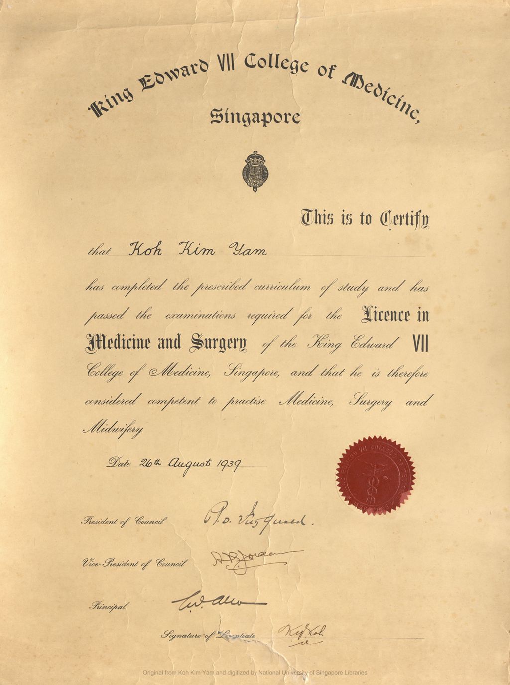 Miniature of Certificate issued by King Edward VII  College of Medicine, Singapore stating Koh Kim Yam has passed the examinations required for the licence in Medicine and Surgery