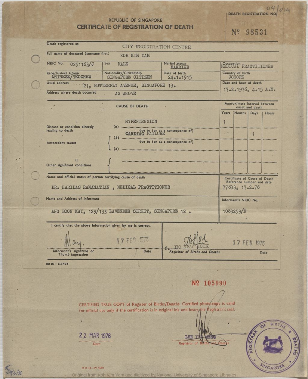 Miniature of Certified true copy of Death Certificate of Koh Kim Yam (No. 195990)