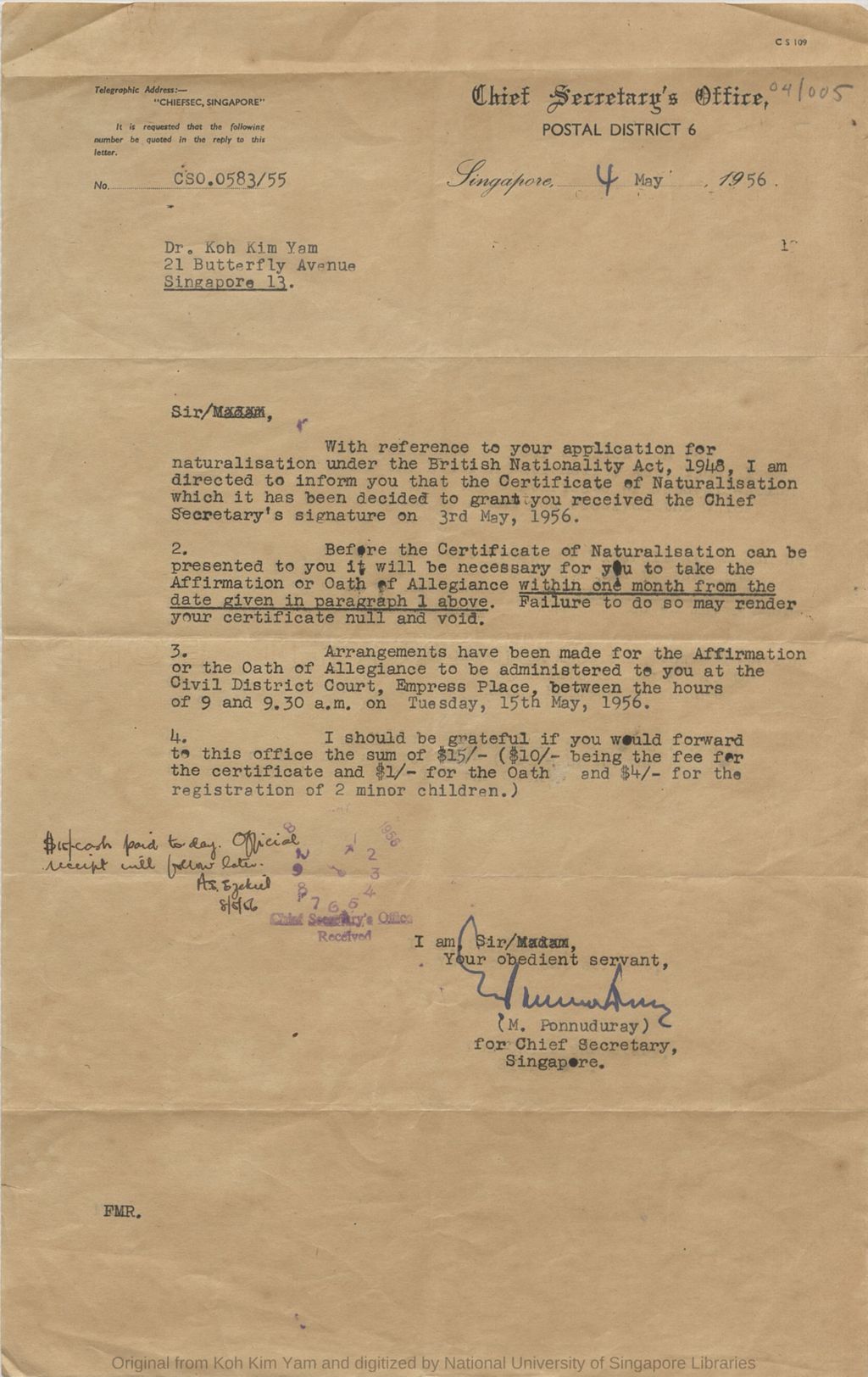 Miniature of Letter from Chief Secretary's Office to Koh Kim Yam concerning his application for naturalisation under the British Nationality Act, 1948