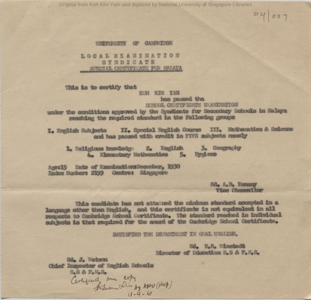 Miniature of Letter from Director of Education stating that Koh Kim Yam had passed the School Certificate Examination with the list of subjects taken in December 1930