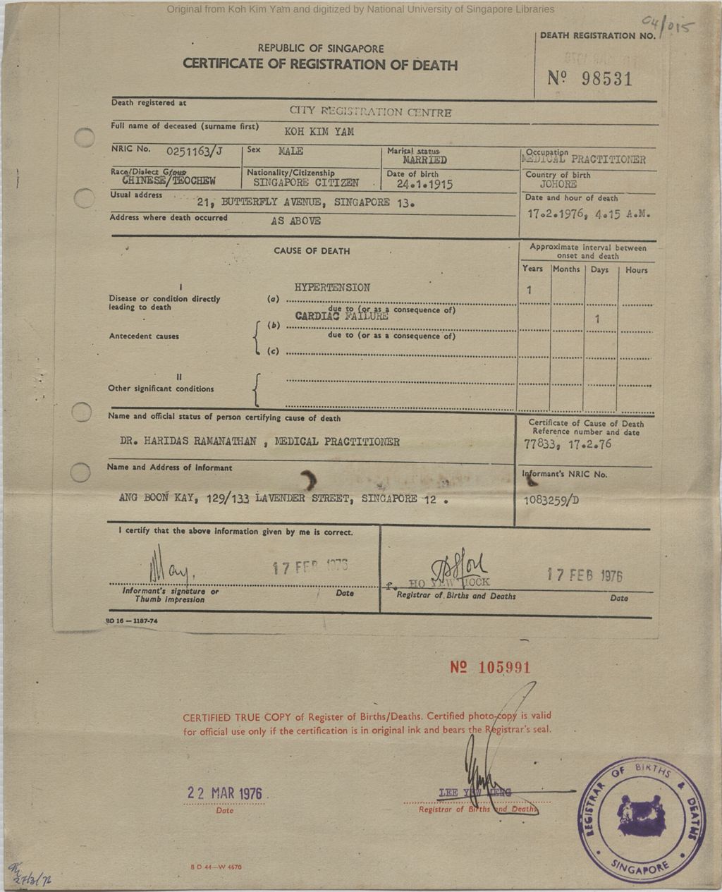 Miniature of Certified true copy of Death Certificate of Koh Kim Yam (No. 195991)