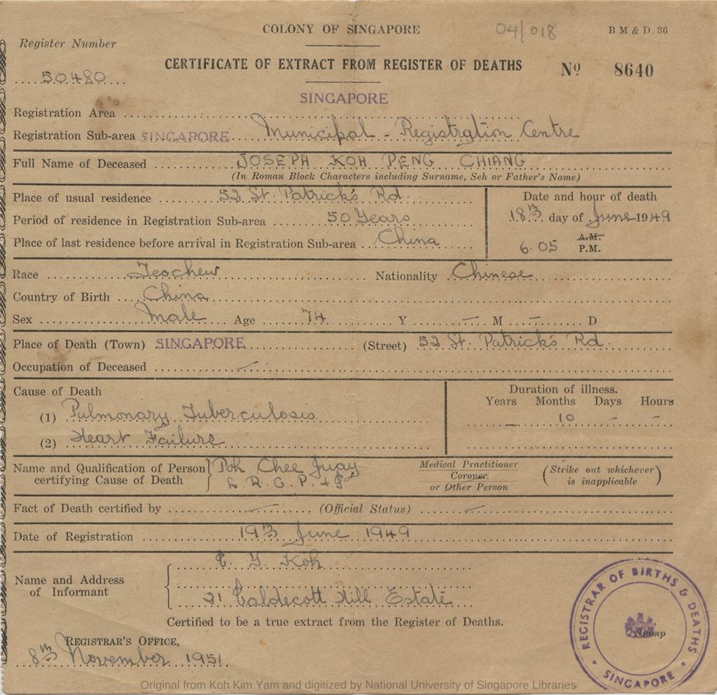 Miniature of Certificate of Extract from Register of Deaths (Koh Peng Chiang). No. 8640