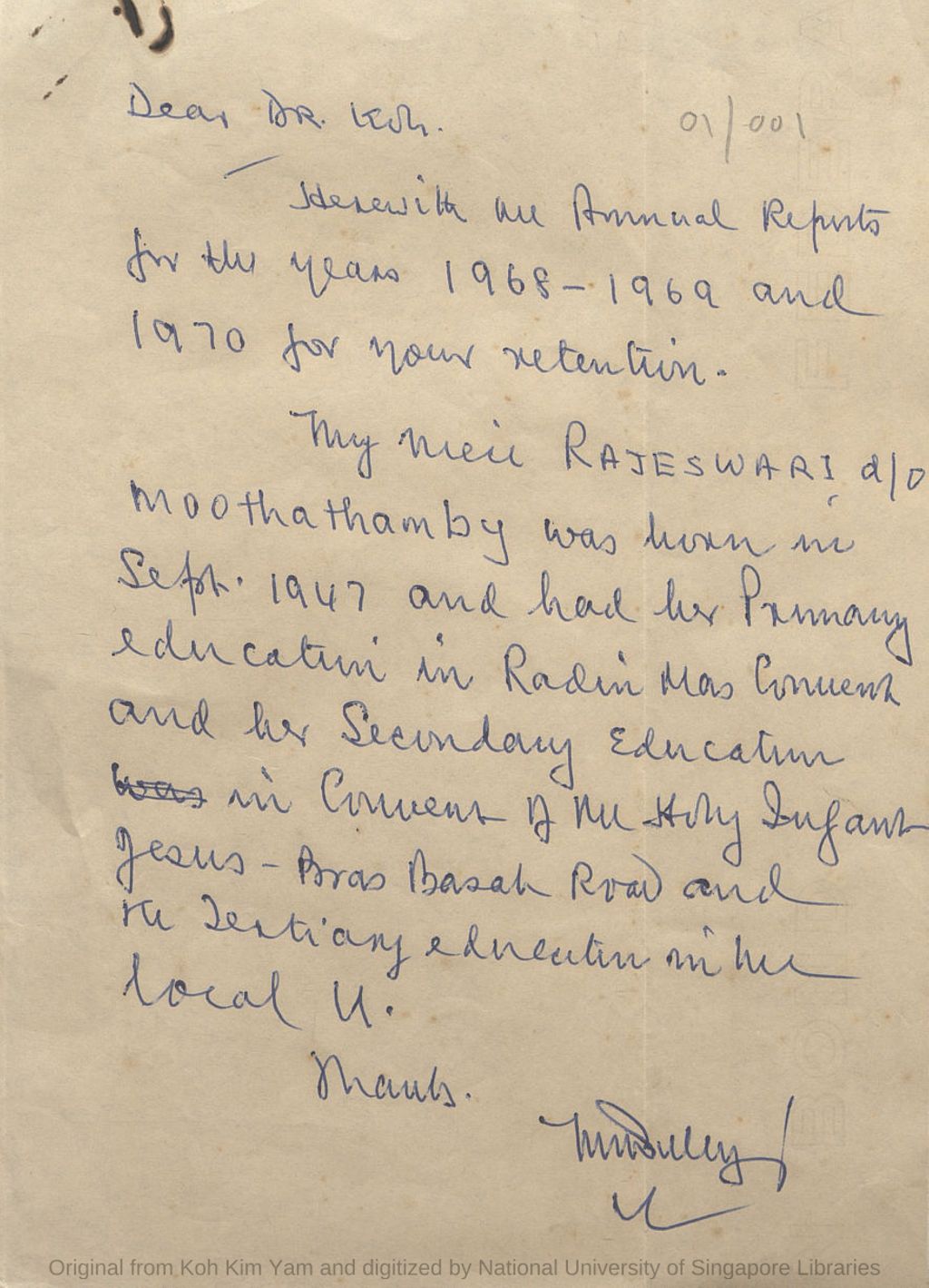 Miniature of Handwritten note stating the reports for years 1968 to 1970 were enclosed. Also had some information on the sender's niece