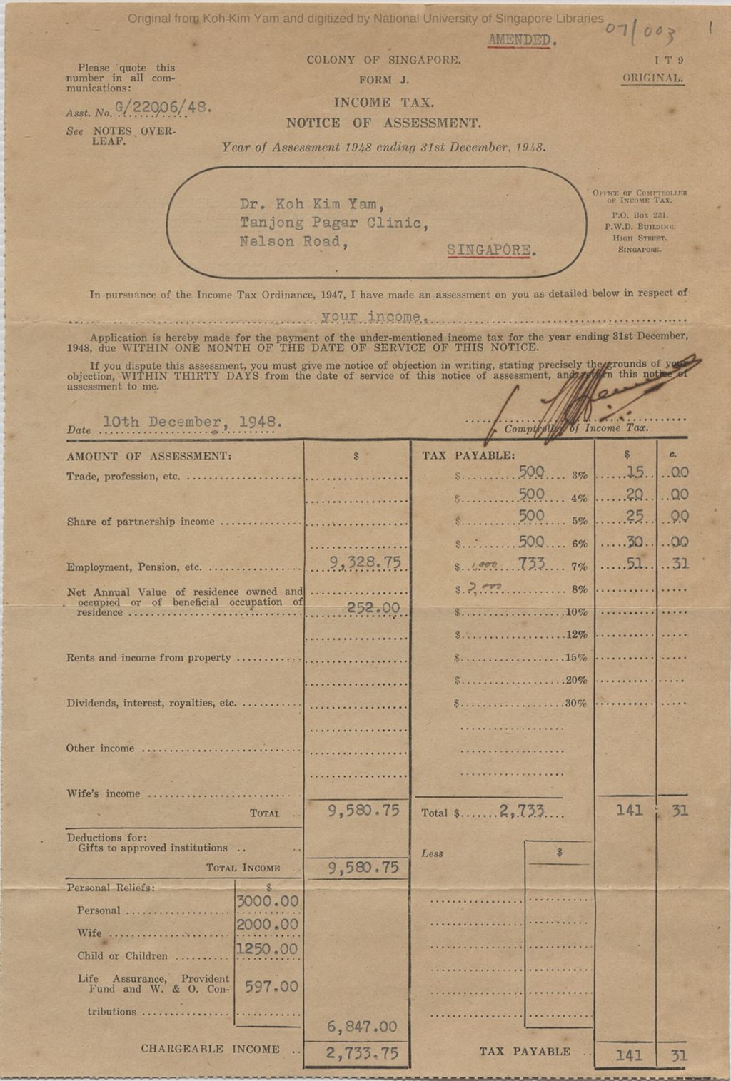 Miniature of [Dr Koh Kim Yam] Year of Assessment 1948 ending 31st December 1948