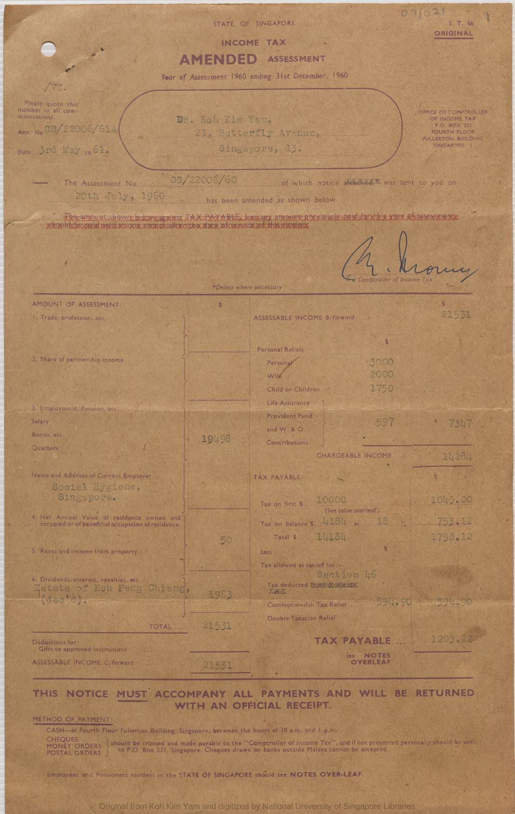 Miniature of [Dr Koh Kim Yam] Amended Assessment: Year of Assessment 1960 ending 31st December 1960