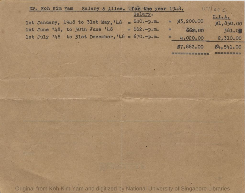 Miniature of Typed document of Dr Koh Kim Yam salary and allowances for year 1948