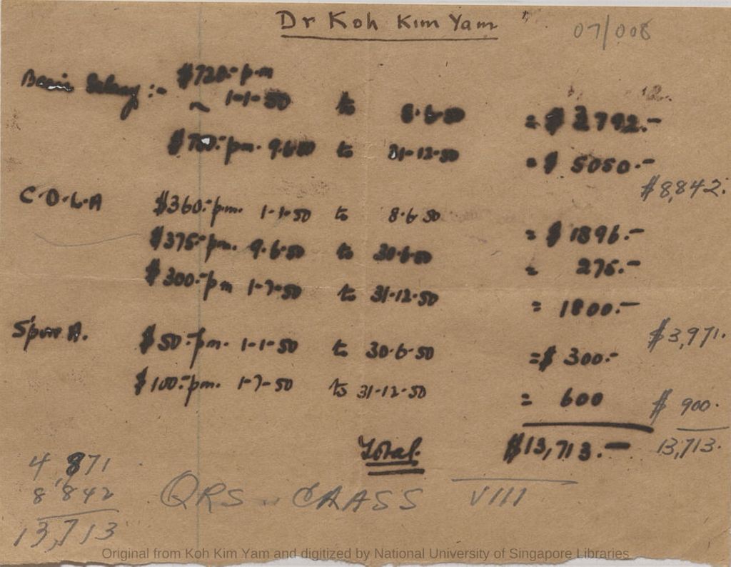 Miniature of Handwritten copy of Dr Koh Kim Yam basic salary, etc for a few months of 1950