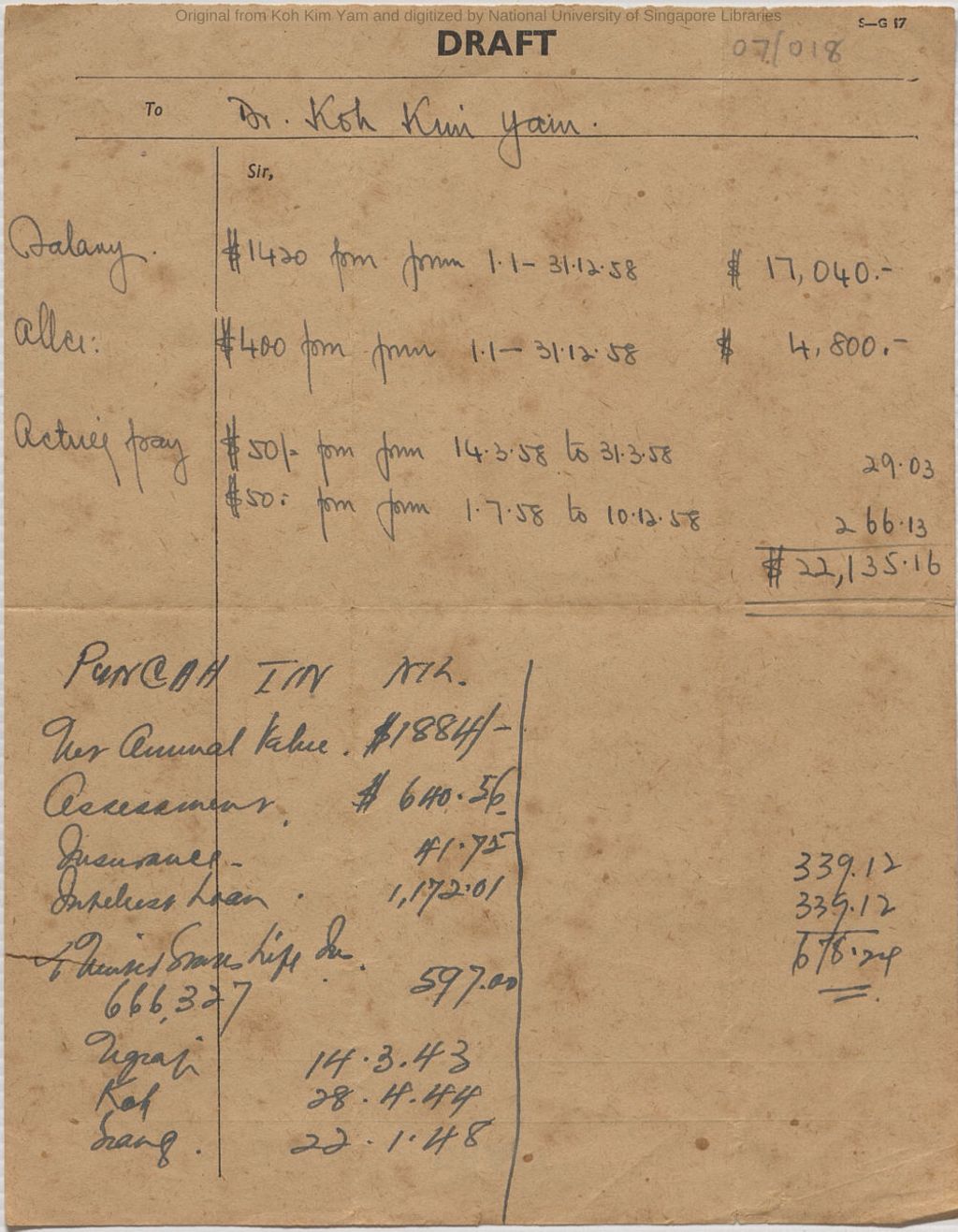 Miniature of Handwritten (by Dr Koh Kim Yam?) basic salary, etc for 1958