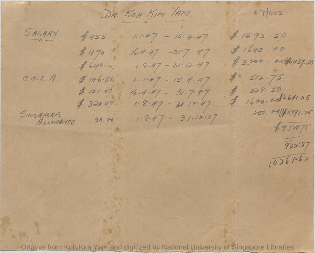 Miniature of Handwritten (by Dr Koh Kim Yam) Salary, C.O.L.A. and Singapore Allowance for period  1 January 1947 to 31 December 1947