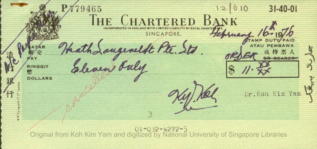 Miniature of Cancelled cheque from The Chartered Bank for $11.00 payable to Heath Sangeneldt (Pte.) Ltd. from Koh Kim Yan