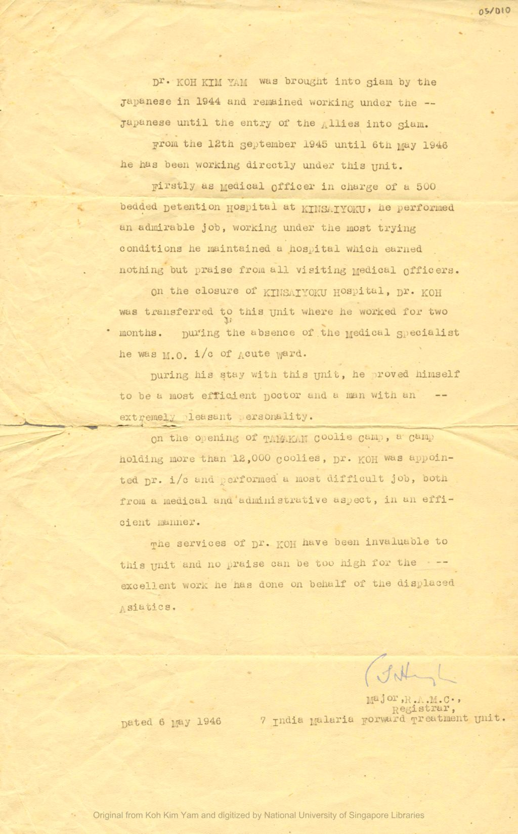 Miniature of Letter from Registrar, 7 India Malaria Forward Treatment Unit concerning Koh Kim Yam's excellent performance at work