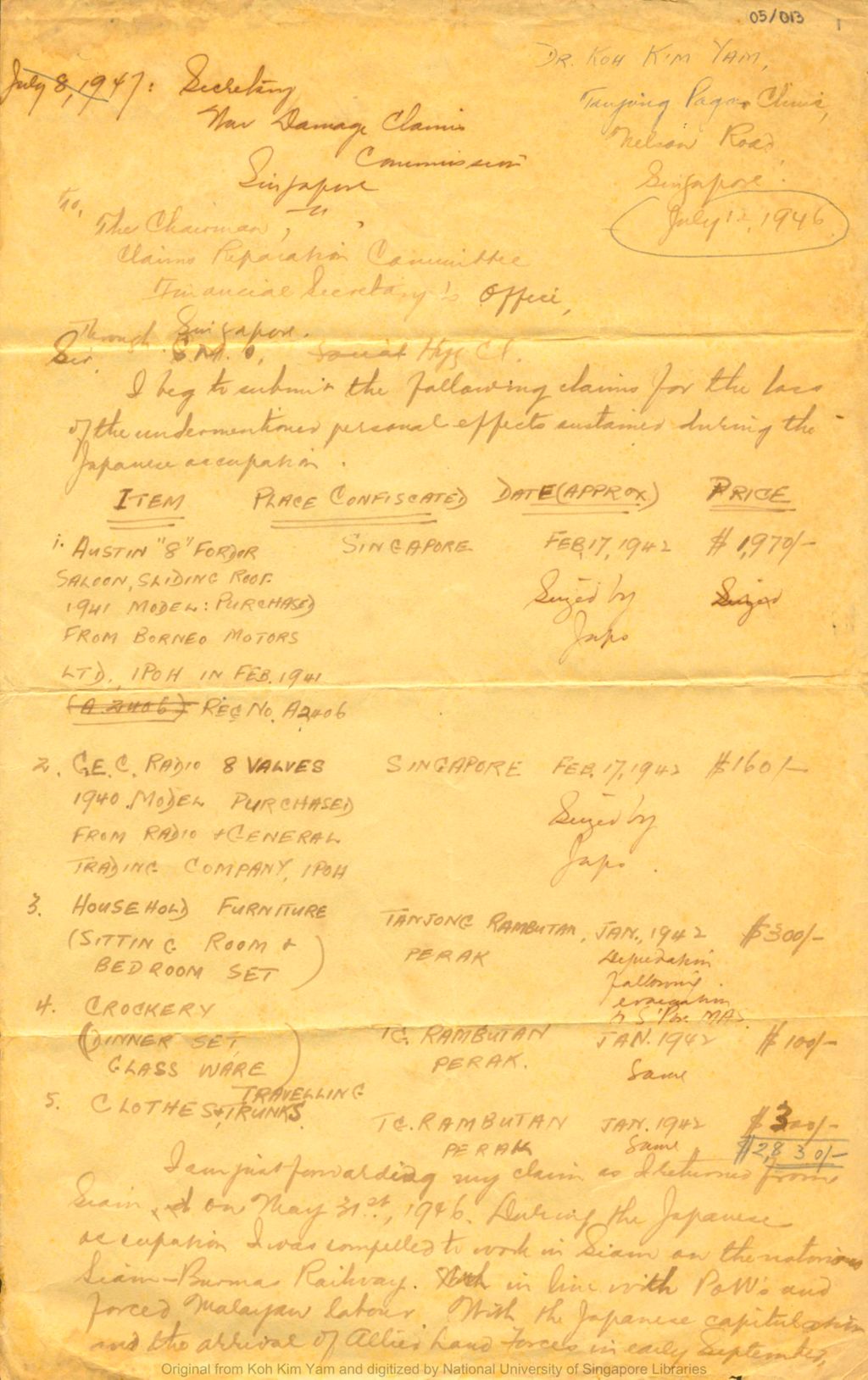 Miniature of Letter to the Chairman, Claims Reparation Committee, Financial Secretary's Office, Singapore concerning items to be claimed