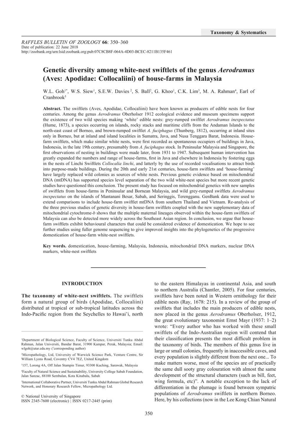 Miniature of Genetic diversity among white-nest swiftlets of the genus Aerodramus (Aves: Apodidae: Collocaliini) of house-farms in Malaysia