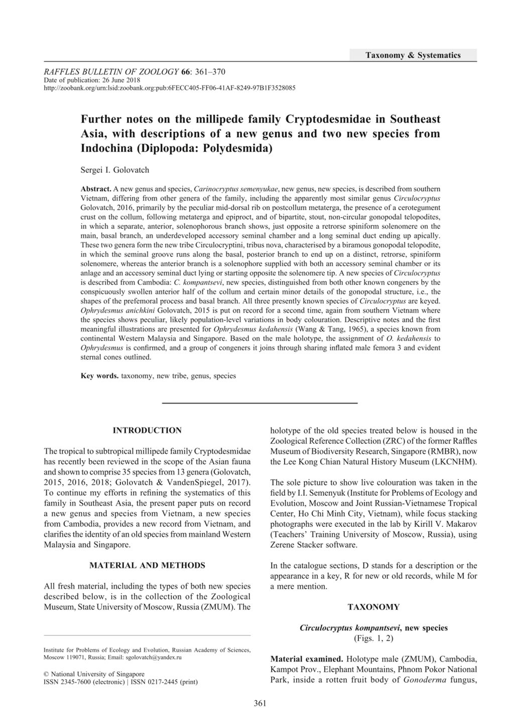 Miniature of Further notes on the millipede family Cryptodesmidae in Southeast Asia, with descriptions of a new genus and two new species from Indochina (Diplopoda: Polydesmida)