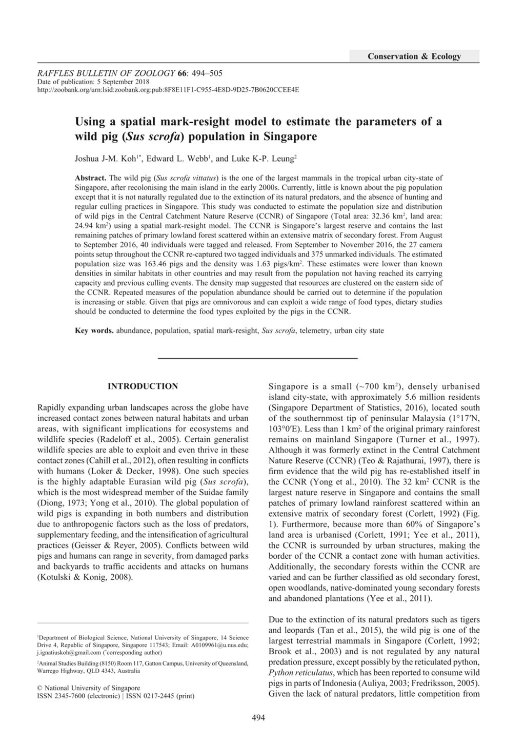 Miniature of Using a spatial mark-resight model to estimate the parameters of a wild pig (Sus scrofa) population in Singapore