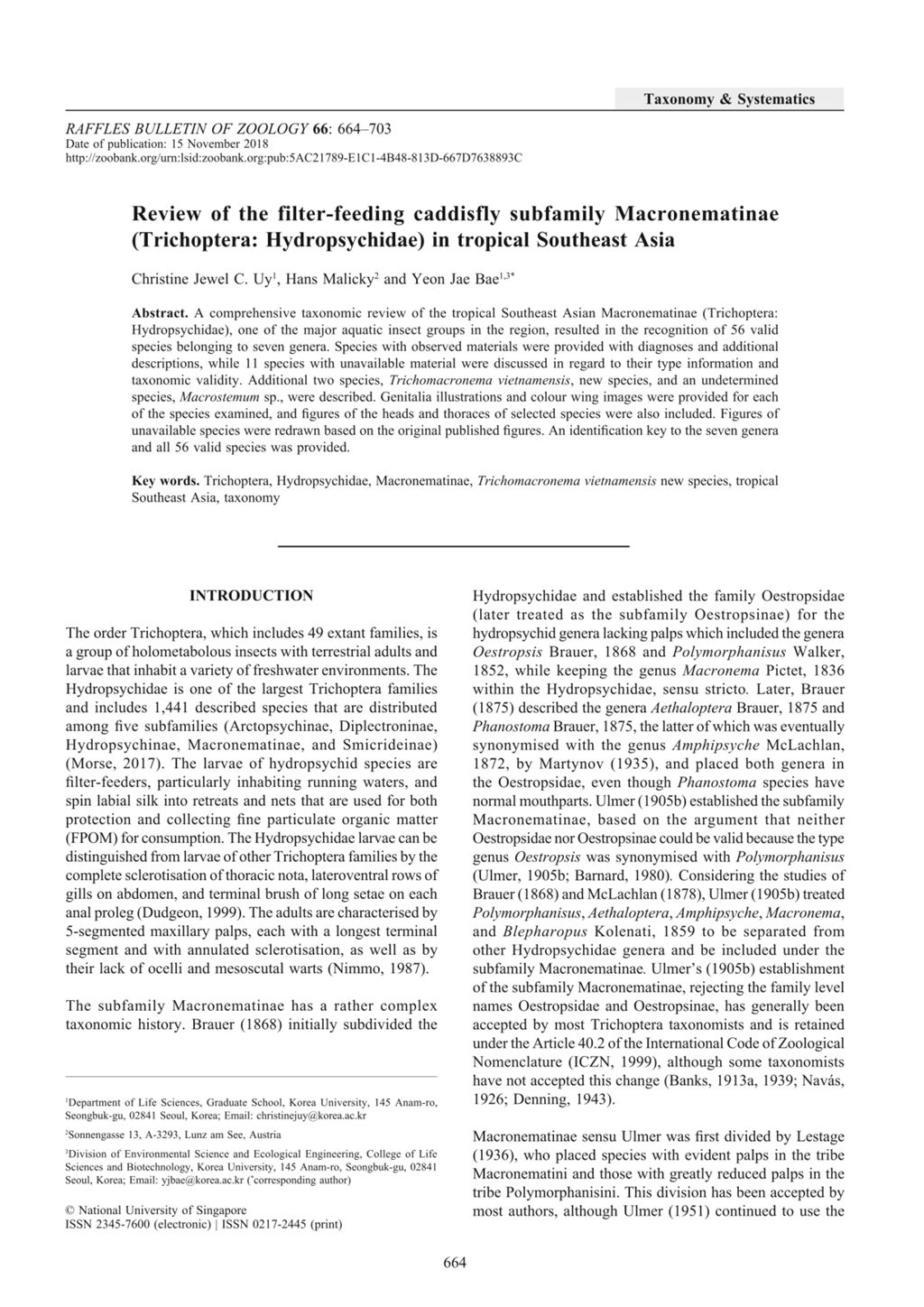 Miniature of Review of the filter-feeding caddisfly subfamily Macronematinae (Trichoptera: Hydropsychidae) in tropical Southeast Asia