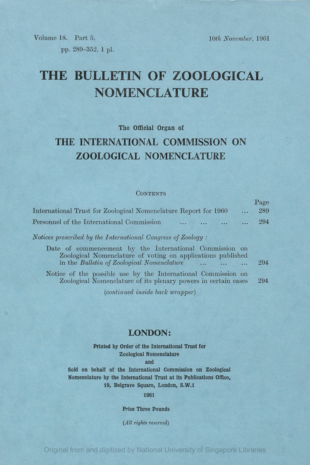 Miniature of International Trust for Zoological Nomenclature Report for 1960