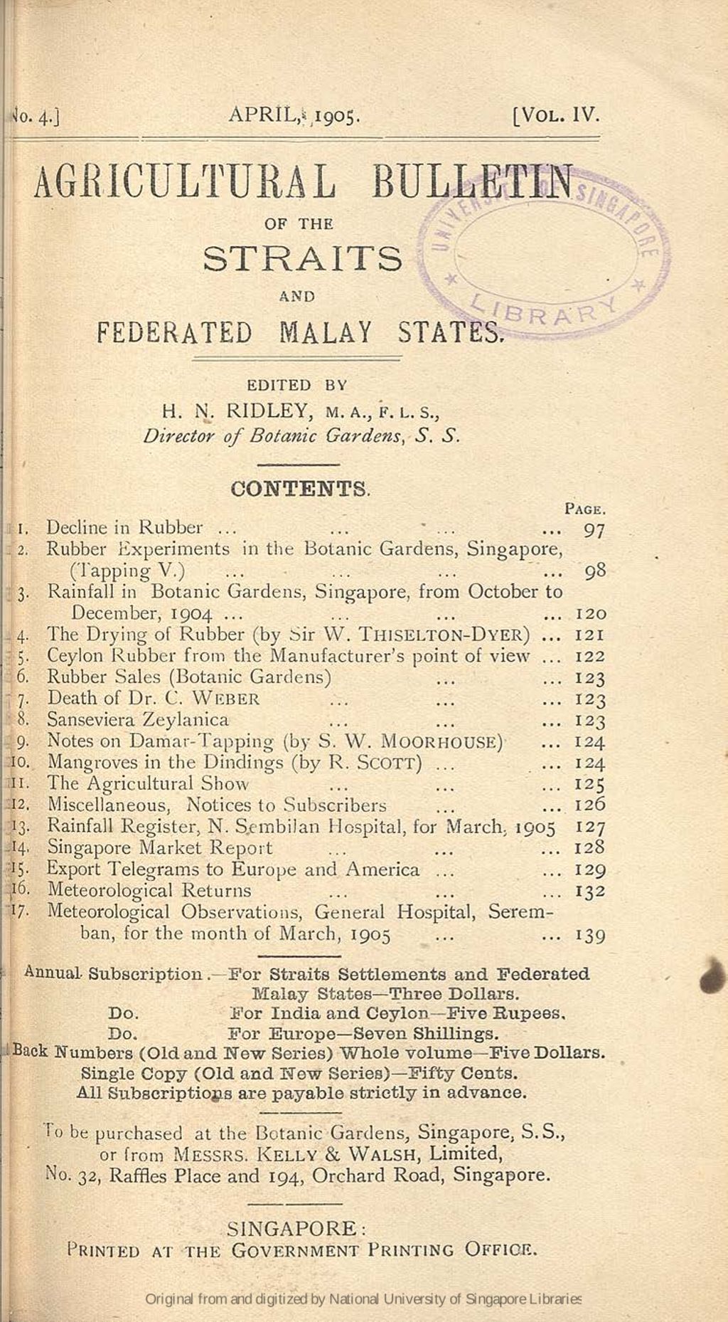 Miniature of Export Telegram to Europe and America. Fortnight ending 15th April, 1905.