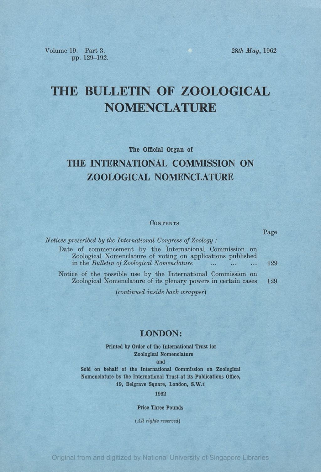 Miniature of Notices Prescribed by the International Congress of Zoology: Date of Commencement by the International Commission on Zoological Nomenclature of Voting on the Applications Published in the Bulletin of Zoological Nomenclature