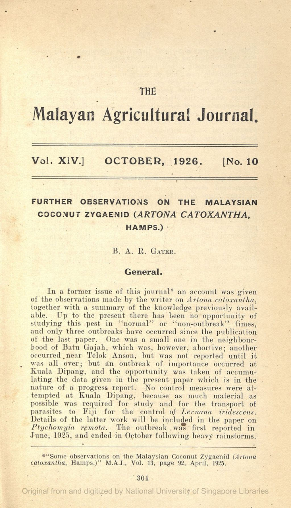 Miniature of Further Observations on the Malaysian Coconut Zygaenid (Artona Catoxantha, Hamps.)