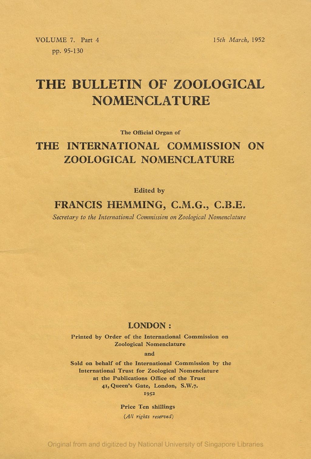 Miniature of Problems Requiring Consideration if Provisions Relating to the Naming of Orders and Other Higher Taxonomic Categories are to be Included in the Regles: an Appeal to Zoologists for Advice