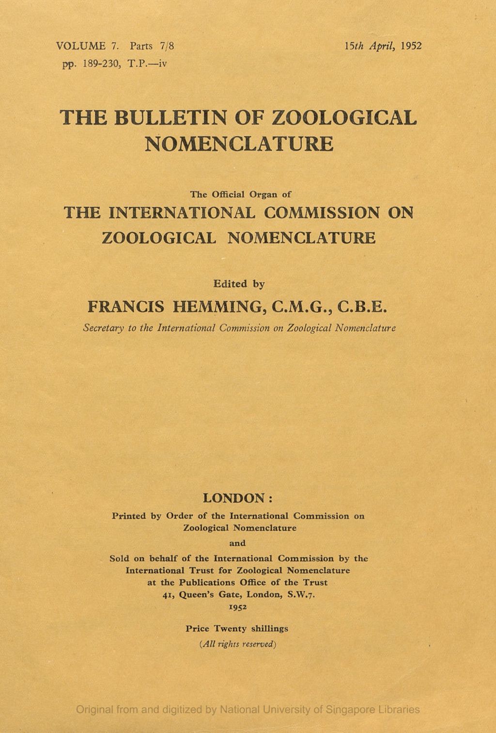 Miniature of Date of Commencement by the International Commission on Zoological Nomenclature of Voting on Applications Published in the Bulletin of Zoological Nomenclature