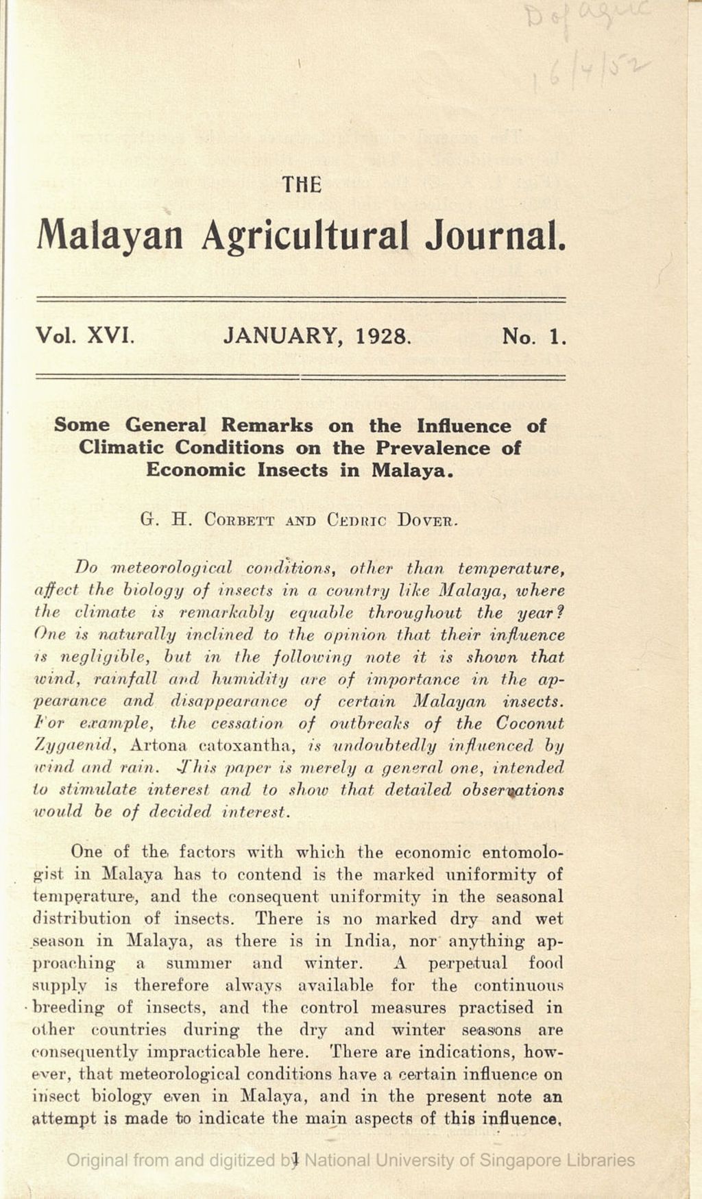 Miniature of Some General Remarks on the Influence of Climatic Conditions on the Prevalence of Economic Insects in Malaya