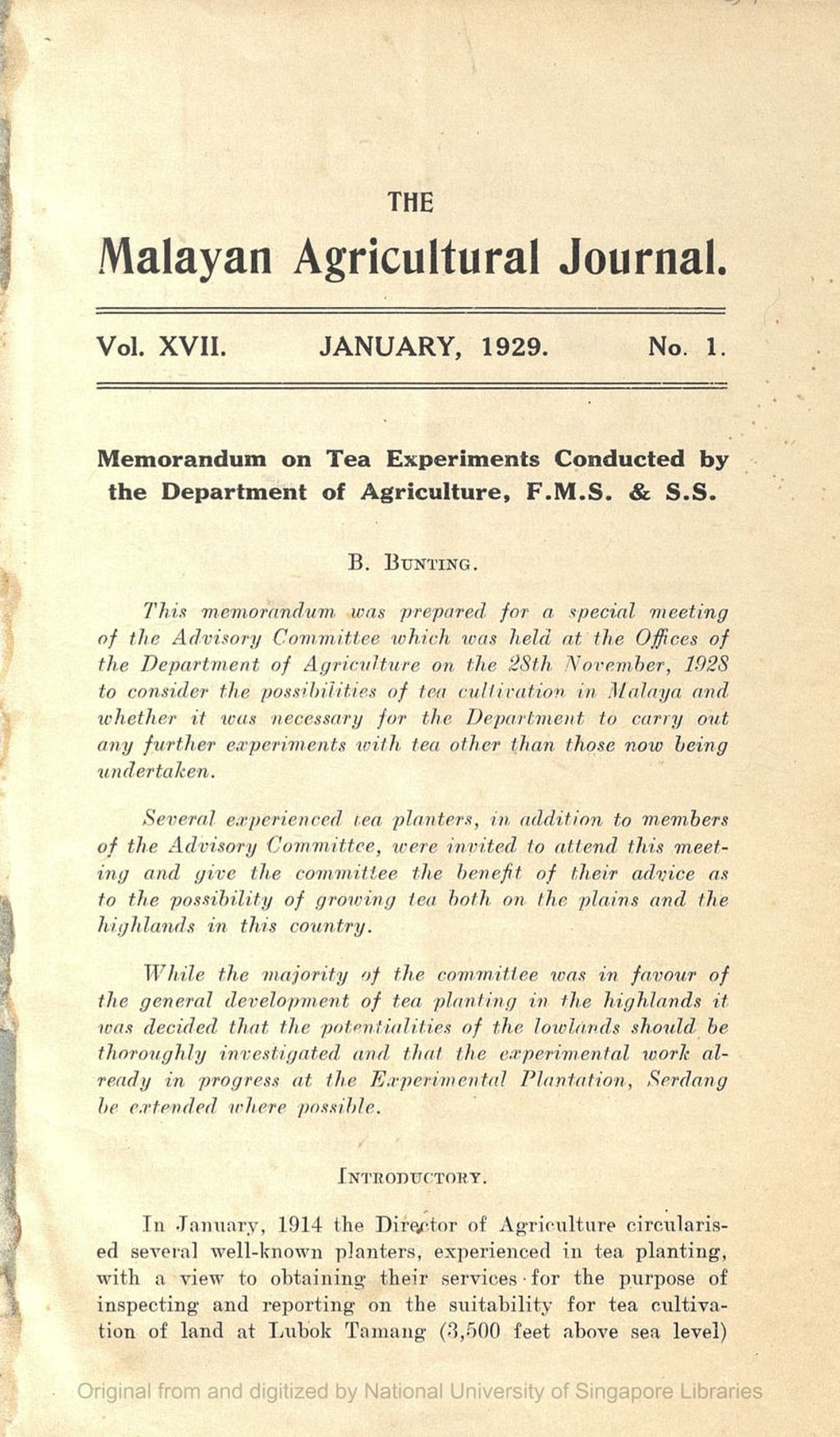 Miniature of Memorandum on Tea Experiments Conducted by the Department of Agriculture, F. M. S. & S. S.