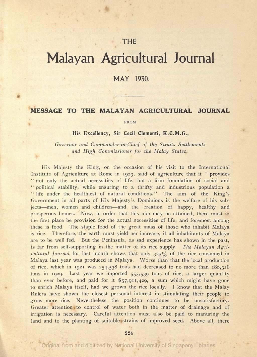 Miniature of Message to the Malayan Agricultural Journal