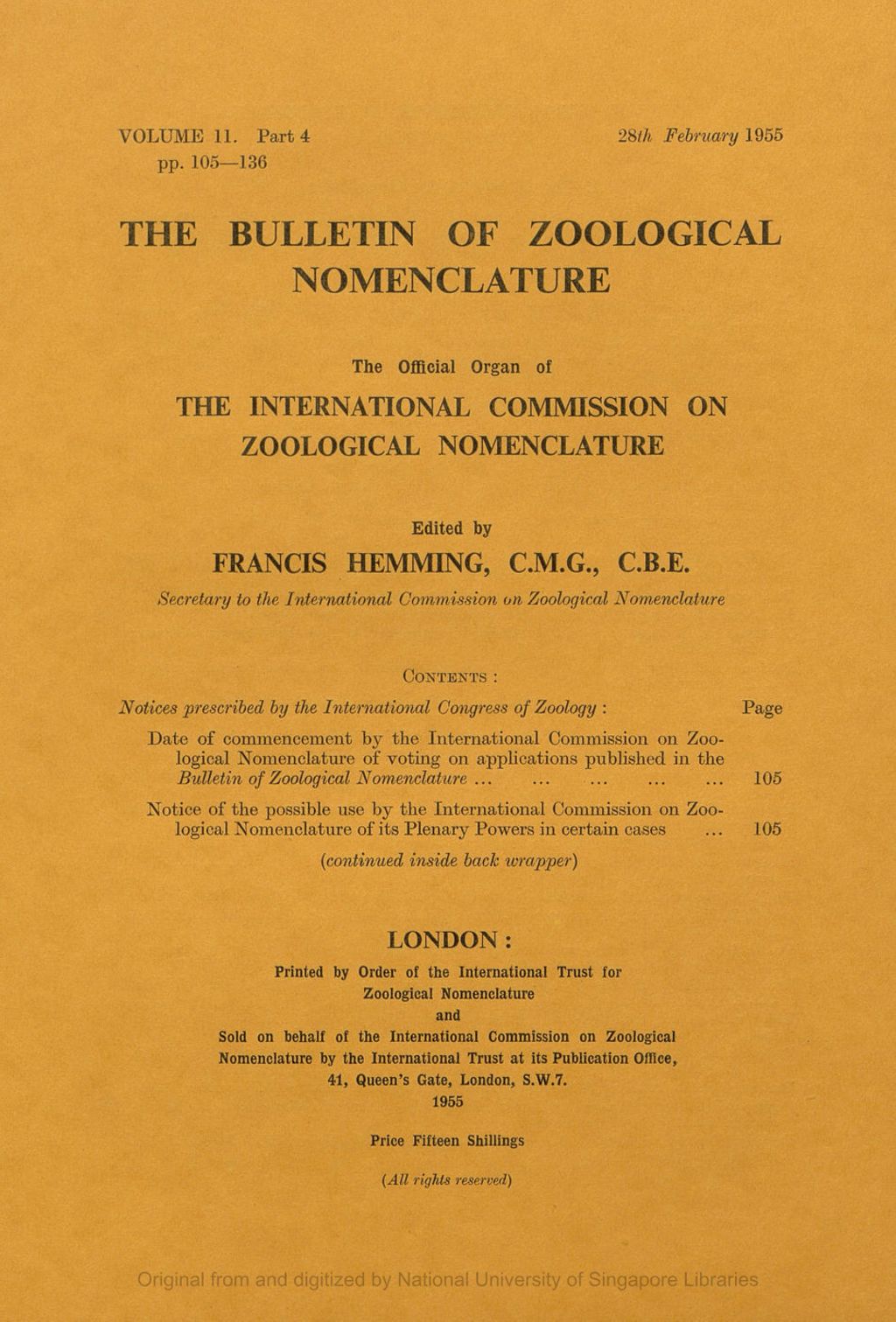 Miniature of Notices Prescribed by the International Congress of Zoology: Date of Commencement by the International Commission on Zoological Nomenclature of Voting on Applications Published in the Bulletin of Zoological Nomenclature